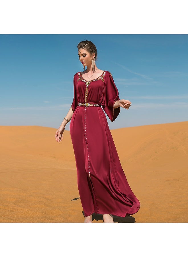 Madam Uniq Burgundy Off-Shoulder Handmade Beaded Aesthetic Dress - Image 3