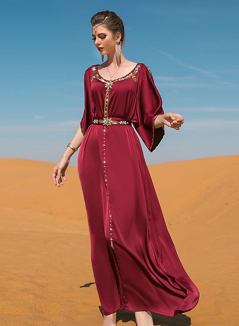 Madam Uniq Burgundy Off-Shoulder Handmade Beaded Aesthetic Dress - Image 1