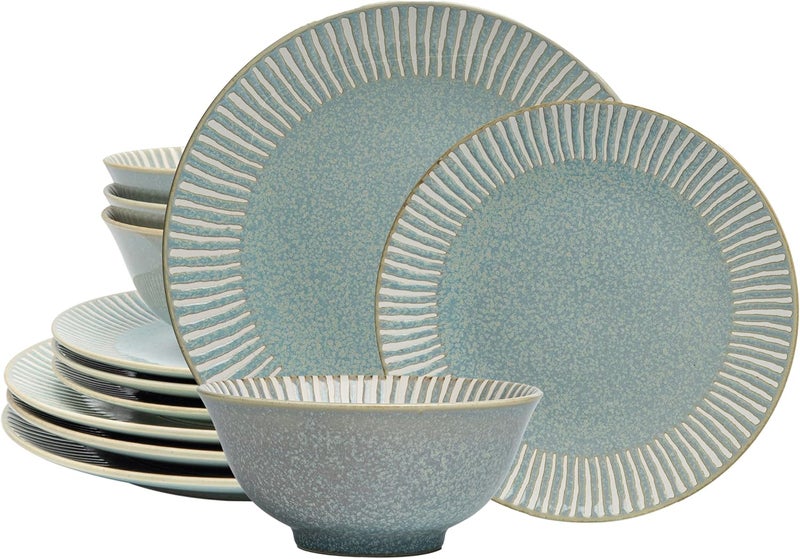 Bzyoo 12Piece Reactive Blue Ceramic Dinnerware Set Bali Breeze Blue Elegant Table Setting for Every Occasion  Microwave  Dishwasher Safe Stackable - Image 1
