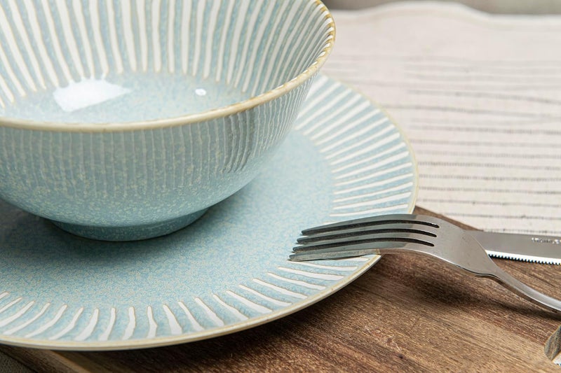 Bzyoo 12Piece Reactive Blue Ceramic Dinnerware Set Bali Breeze Blue Elegant Table Setting for Every Occasion  Microwave  Dishwasher Safe Stackable - Image 2