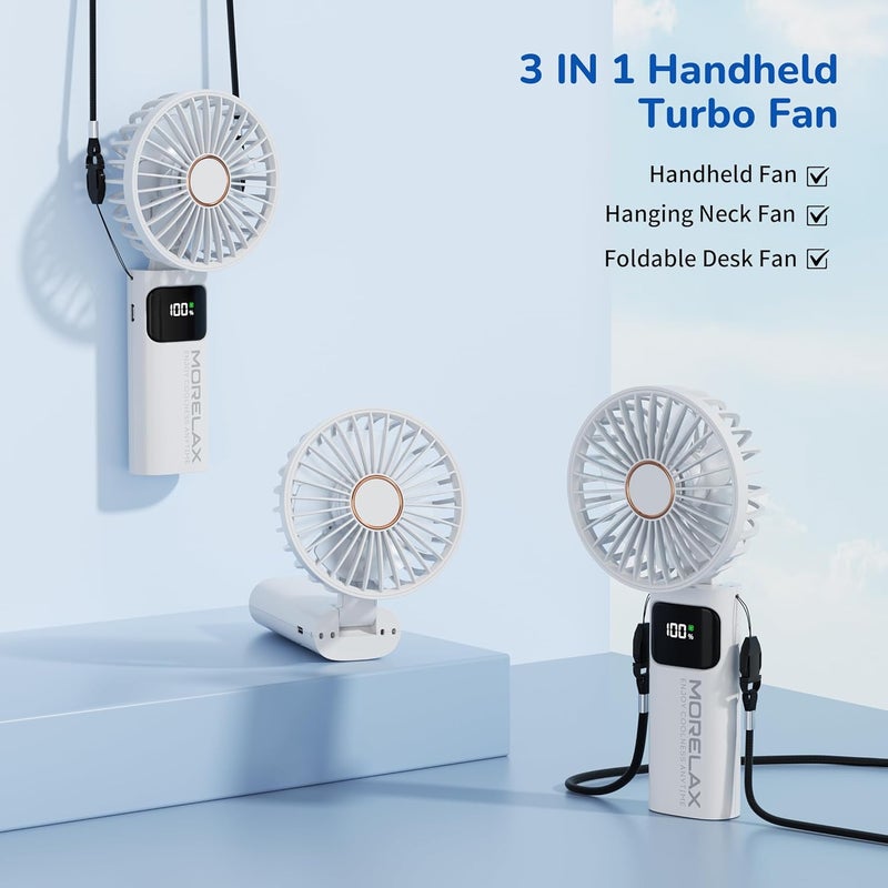 Morelax Portable Handheld Fan, USB Rechargeable Foldable Mini Personal Fan, 5200mAh, 180 Adjustable, 6 Speed Wind, 3 IN 1 Hand Cooling Desk Fan with LED Display for Home Office School Outdoor Travel, White - Image 4