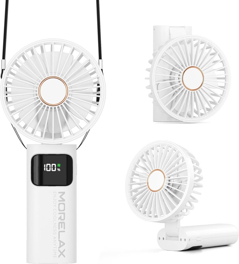 Morelax Portable Handheld Fan, USB Rechargeable Foldable Mini Personal Fan, 5200mAh, 180 Adjustable, 6 Speed Wind, 3 IN 1 Hand Cooling Desk Fan with LED Display for Home Office School Outdoor Travel, White - Image 1