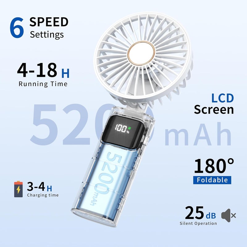Morelax Portable Handheld Fan, USB Rechargeable Foldable Mini Personal Fan, 5200mAh, 180 Adjustable, 6 Speed Wind, 3 IN 1 Hand Cooling Desk Fan with LED Display for Home Office School Outdoor Travel, White - Image 2