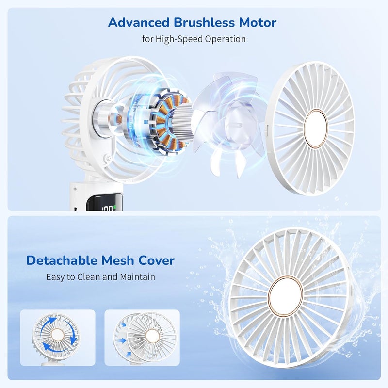 Morelax Portable Handheld Fan, USB Rechargeable Foldable Mini Personal Fan, 5200mAh, 180 Adjustable, 6 Speed Wind, 3 IN 1 Hand Cooling Desk Fan with LED Display for Home Office School Outdoor Travel, White - Image 3