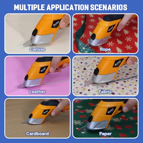 VLOXO مقص كهربائي VLOXO، قاطع كرتون لاسلكي، مقص قماش قوي، قاطع صندوق صغير مع شفرات قابلة للشحن، أداة متعددة للحرف اليدوية، جلد، كرتون، سجاد، بلاستيك، تشمل علبة صفراء - Image 2