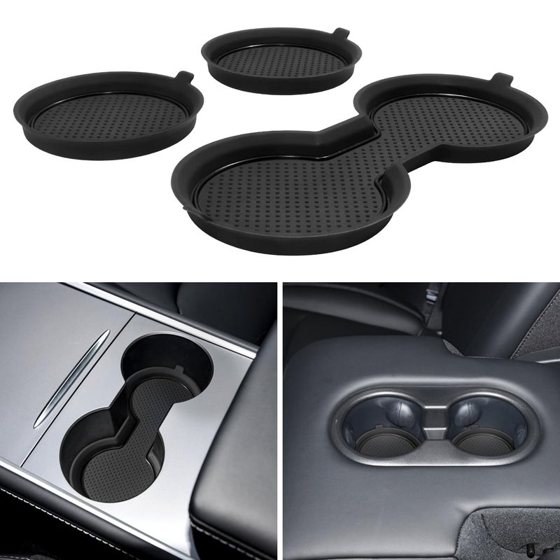 KENTUTO for Tesla Model 3 Accessories 2021-2023 Model Y 2021-2024 2025 Cup Holder Inserts Center Console Liner Coasters Mat Pad Interior Decoration 3D Silicone (Black Trim, 3 pcs) - Image 1