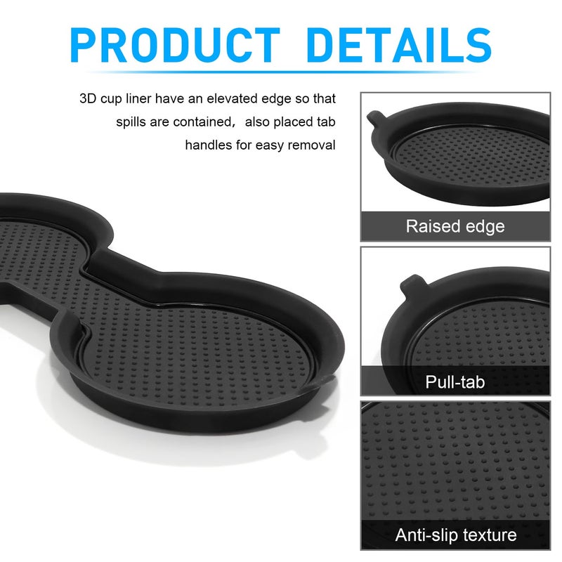 KENTUTO for Tesla Model 3 Accessories 2021-2023 Model Y 2021-2024 2025 Cup Holder Inserts Center Console Liner Coasters Mat Pad Interior Decoration 3D Silicone (Black Trim, 3 pcs) - Image 3