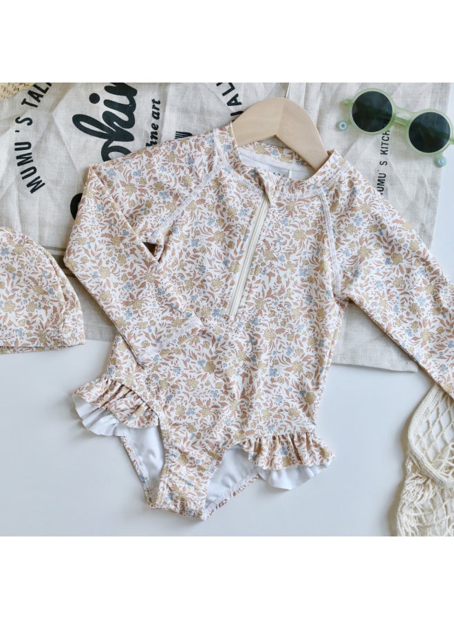 إسكدنيا بدلة سباحة لطيفة للفتيات الصغيرات من قطعة واحدة بتصميم Ins Style بدلة سباحة للأطفال بأكمام طويلة ومضادة للكلور واقية من الشمس - اللون: (البيع المسبق) بدلة سباحة بسحاب أصفر مقاس الزهور: 130 - Image 1