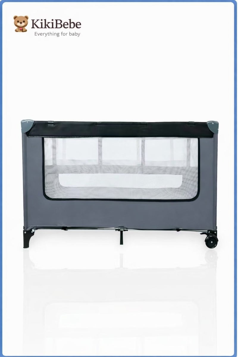 Kikibebe portable Baby Crib, Movable Multi-functional Foldable Playpen with Single Layer and Lightweight Design-Black - Image 1