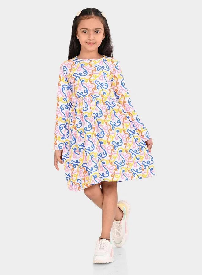 Bonkids Girl's White & Multicolour 100% Cotton Printed Regular Fit Dress