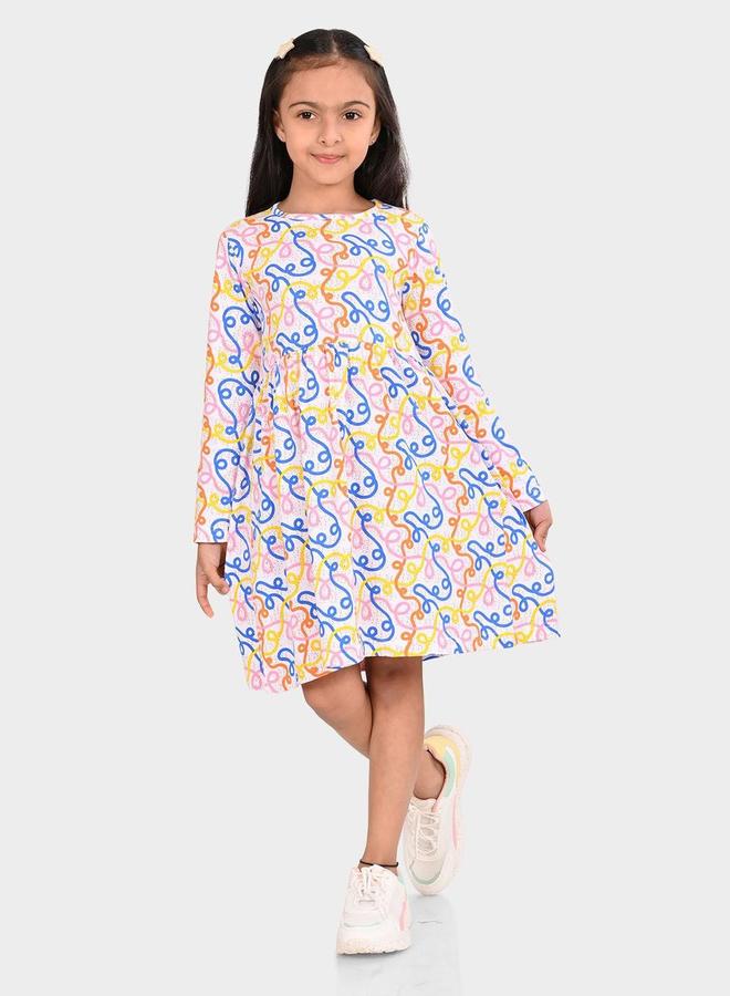 Bonkids Girl's White & Multicolour 100% Cotton Printed Regular Fit Dress - Image 1