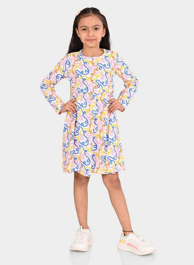 Bonkids Girl's White & Multicolour 100% Cotton Printed Regular Fit Dress