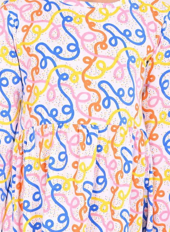 Bonkids Girl's White & Multicolour 100% Cotton Printed Regular Fit Dress - Image 3