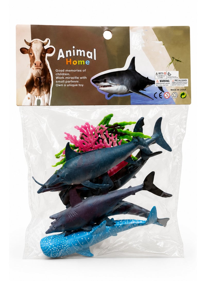 Sea Animal Figure Set for Kids – 6PCS Plastic Ocean Animal Toys with Shark, Dolphin, Hammerhead Shark, Whale Shark and Coral Plants, Educational Marine Life Pretend Play Toy for Children 3+ Years - Image 1