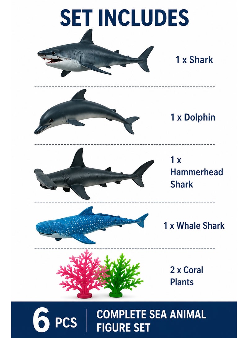 Sea Animal Figure Set for Kids – 6PCS Plastic Ocean Animal Toys with Shark, Dolphin, Hammerhead Shark, Whale Shark and Coral Plants, Educational Marine Life Pretend Play Toy for Children 3+ Years - Image 2