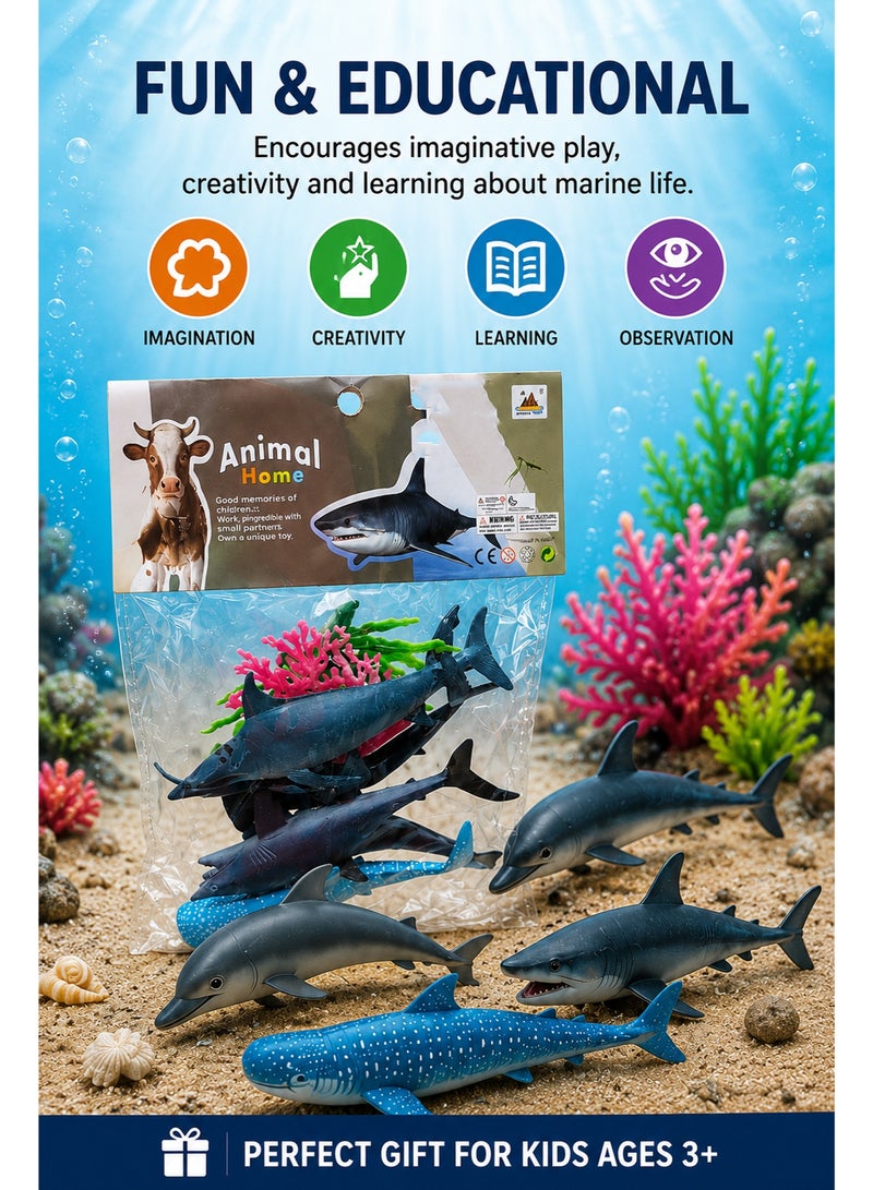 Sea Animal Figure Set for Kids – 6PCS Plastic Ocean Animal Toys with Shark, Dolphin, Hammerhead Shark, Whale Shark and Coral Plants, Educational Marine Life Pretend Play Toy for Children 3+ Years - Image 4