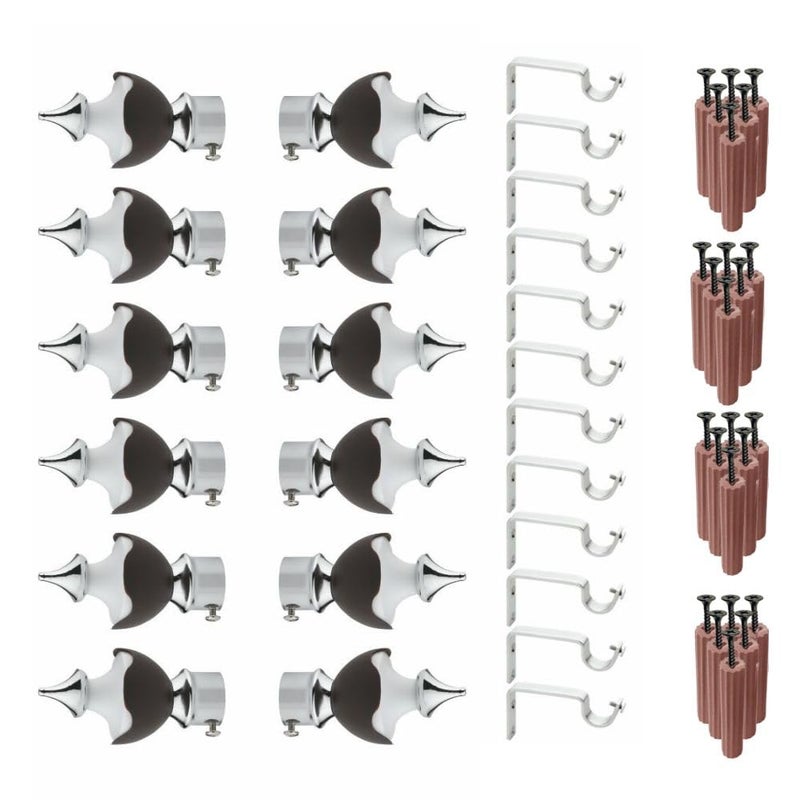 GRIVAN Stainless Steel ABS Curtain Bracket Parda Holder with Support 1 Inch Rod Pocket Finials Designer Door and Window Rod Support Fittings Curtain Rod Holder Pair of 6 Dark Brown