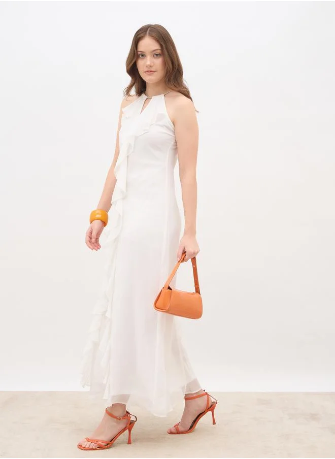 ستايلي Styli Solid Ruffle Detail Sleeveless A-Line Maxi Dress