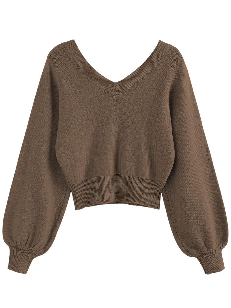 ZAFUL Women's Cropped Sweater V-Neck Long Sleeve Crop Sweater Pullover Jumper Knit Top (1-Light Coffee, L) - Image 3