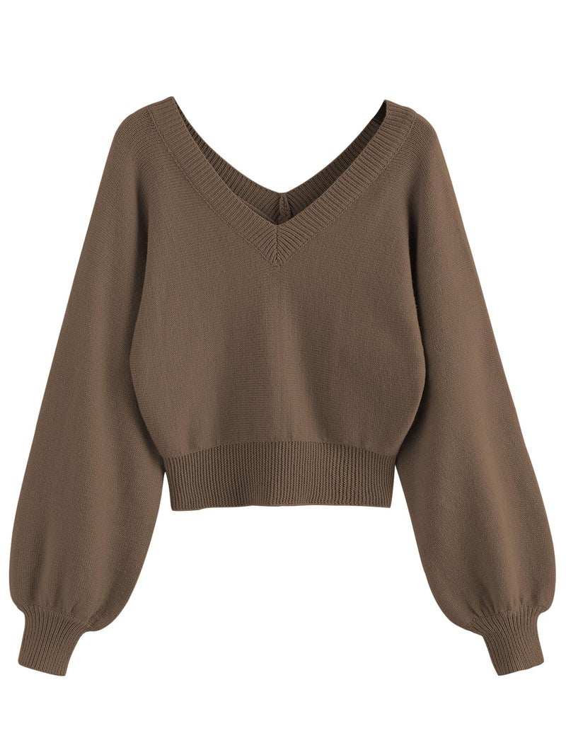 ZAFUL Women's Cropped Sweater V-Neck Long Sleeve Crop Sweater Pullover Jumper Knit Top (1-Light Coffee, L) - Image 1