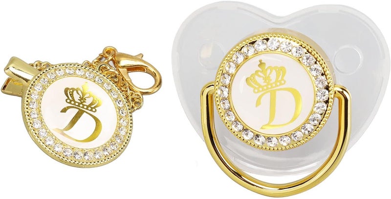 Focket Pacifier Clips Baby Girl 26 Letter Rhinestone Baby Pacifier with Name Initial Letter Curved Bling Pacifier for Girl Newborn Baby Girl Pacifiers Clips Baby Shower Birthday Gifts D - Image 1