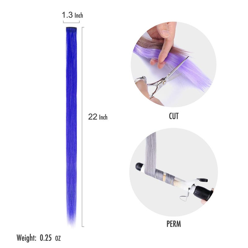 Onas 12PCS Colored Blue Hair Extensions Clip in Colorful Hair Extensions 20 Inch Rainbow Hair Extensions for Kids Women's Gifts Blue Hair Extensions (12pcs Blue) - Image 3