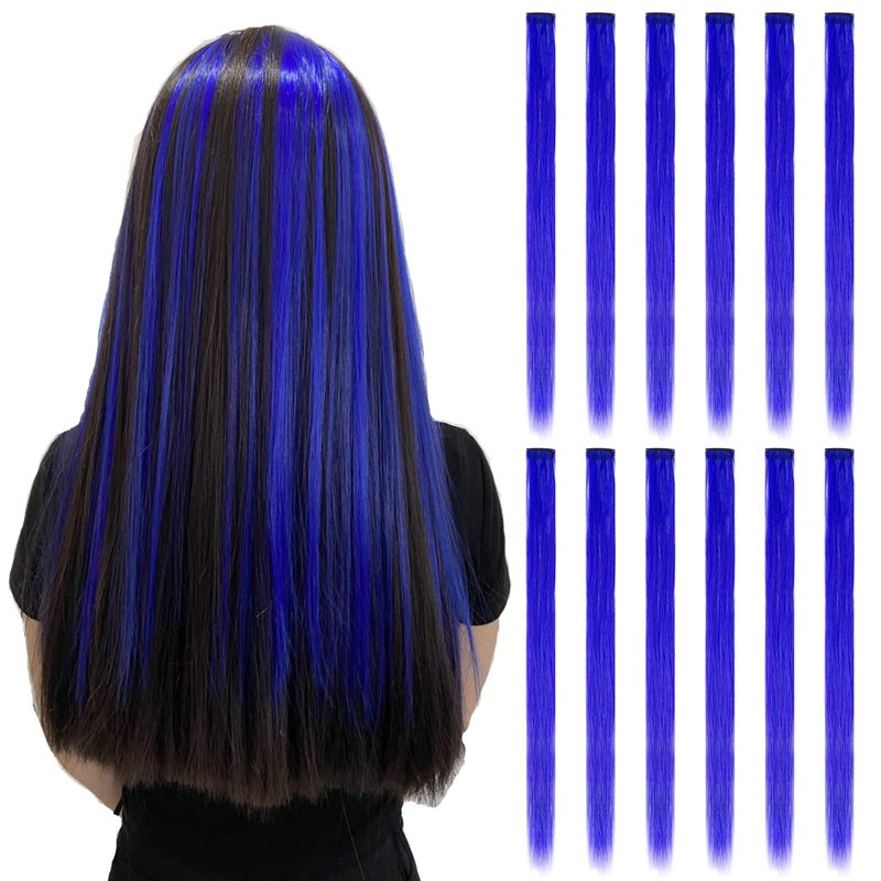Onas 12PCS Colored Blue Hair Extensions Clip in Colorful Hair Extensions 20 Inch Rainbow Hair Extensions for Kids Women's Gifts Blue Hair Extensions (12pcs Blue) - Image 1