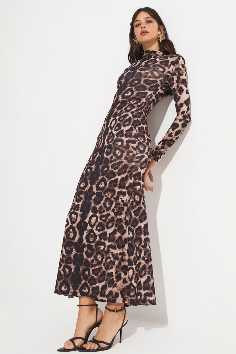 جون Women's Crew Neck Leopard Print Maxi Dress