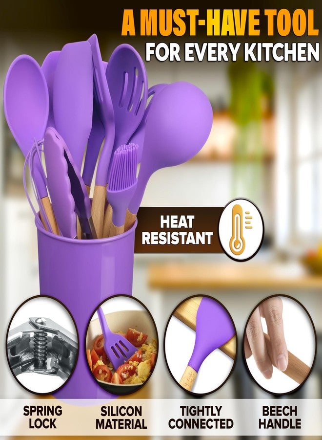 V TOWER 12 Pcs Purple Kitchen Utensils Set with Holder - Versatile Silicone Utensils Set for Cooking and Baking, Gentle on Pots and Pans, Heat-Resistant, Stylish, Easy to Clean, Purple Kitchen Accessories - Image 3