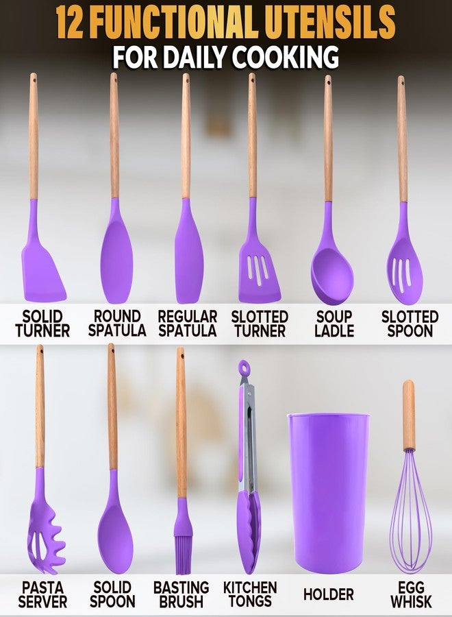 V TOWER 12 Pcs Purple Kitchen Utensils Set with Holder - Versatile Silicone Utensils Set for Cooking and Baking, Gentle on Pots and Pans, Heat-Resistant, Stylish, Easy to Clean, Purple Kitchen Accessories - Image 2