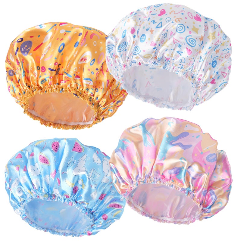 CHFONG 4 PCS Shower Cap for Women, Elastic and Reusable Bath Caps, Double Layers Shower Caps Reusable Waterproof, Bathing Shower Caps, Environmental Bath Hair Protection Cap - Watermelon - Image 1