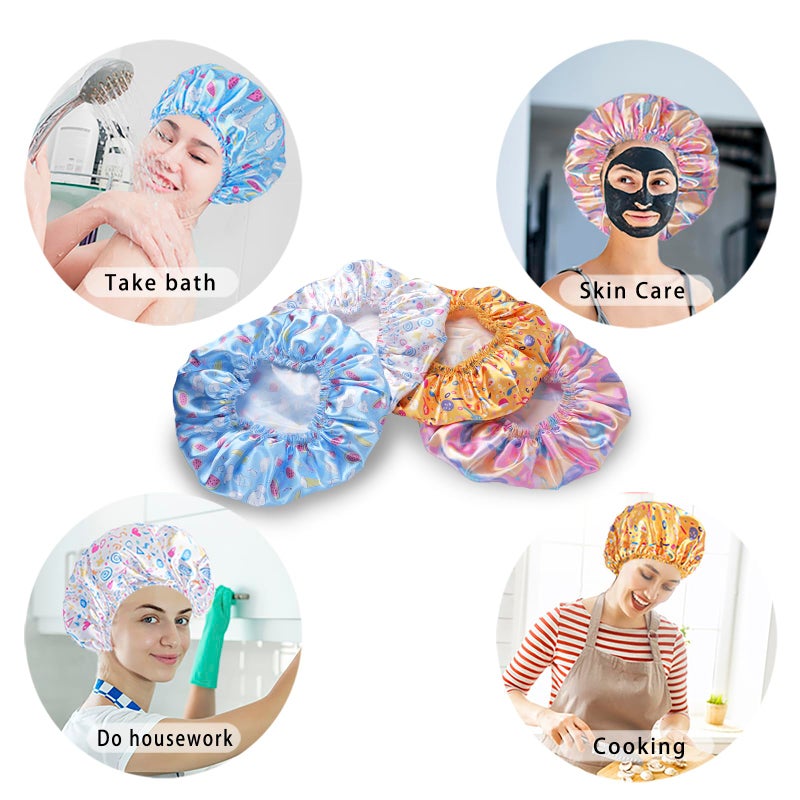 CHFONG 4 PCS Shower Cap for Women, Elastic and Reusable Bath Caps, Double Layers Shower Caps Reusable Waterproof, Bathing Shower Caps, Environmental Bath Hair Protection Cap - Watermelon - Image 4
