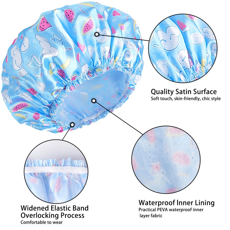 CHFONG 4 PCS Shower Cap for Women, Elastic and Reusable Bath Caps, Double Layers Shower Caps Reusable Waterproof, Bathing Shower Caps, Environmental Bath Hair Protection Cap - Watermelon - Image 5