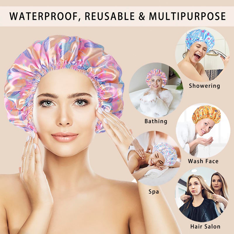 CHFONG 4 PCS Shower Cap for Women, Elastic and Reusable Bath Caps, Double Layers Shower Caps Reusable Waterproof, Bathing Shower Caps, Environmental Bath Hair Protection Cap - Watermelon - Image 2