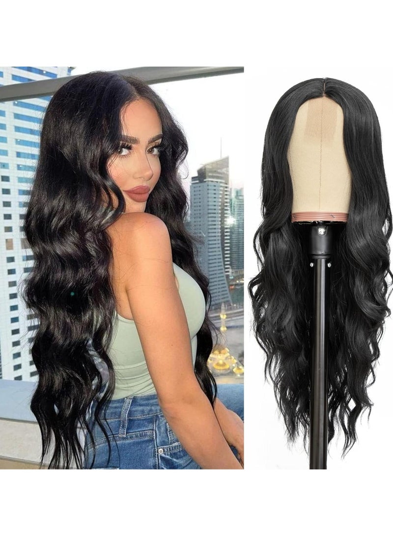 Estelle Long Black Wavy Wig for Women 26 Inch Middle Part Curly Wavy Wig Natural Looking Synthetic Heat Resistant Fiber Wig for Daily Party Use (Natural Black) - Image 1
