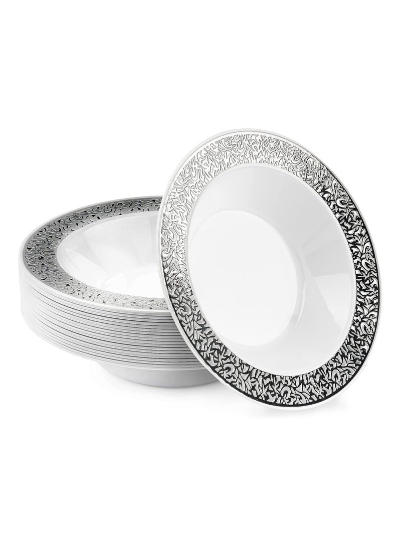 SOLARAE Premium Plastic Dessert Bowls Party Bowls, Multi-Use Plastic Bowls with Silver Lace Rim, Perfect for Picnic, Party Food, BBQ, Garden Party (18cm - 20 Pcs) - Image 1