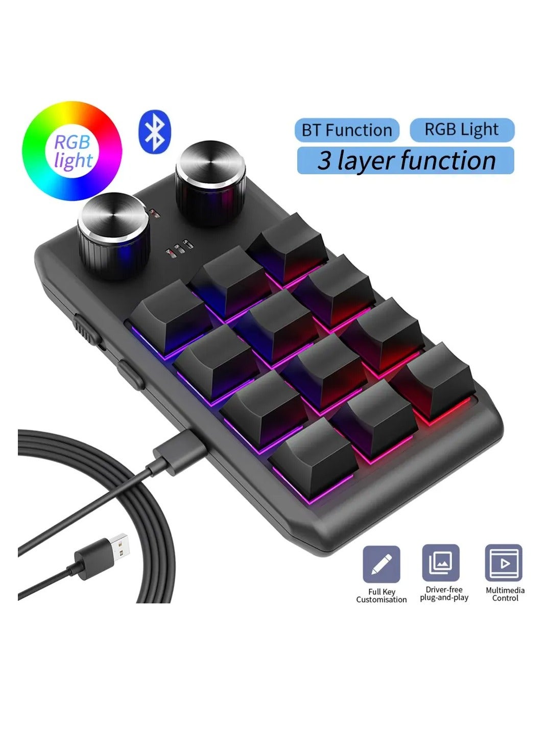 Generic Programming Macro Custom 2 Knob Bluetooth Keyboard RGB 12 Key ...