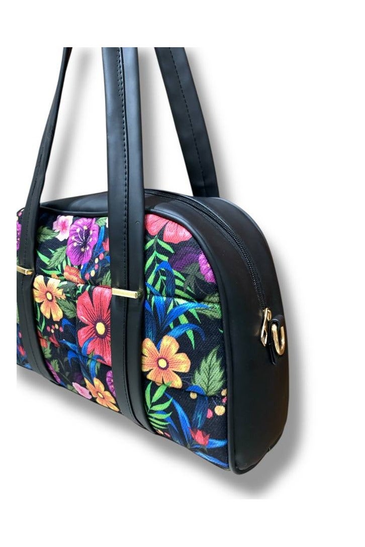 Black Hand and Crossbody Bag with Vibrant Floral Print and Elegant Spring Vibe” - Image 2