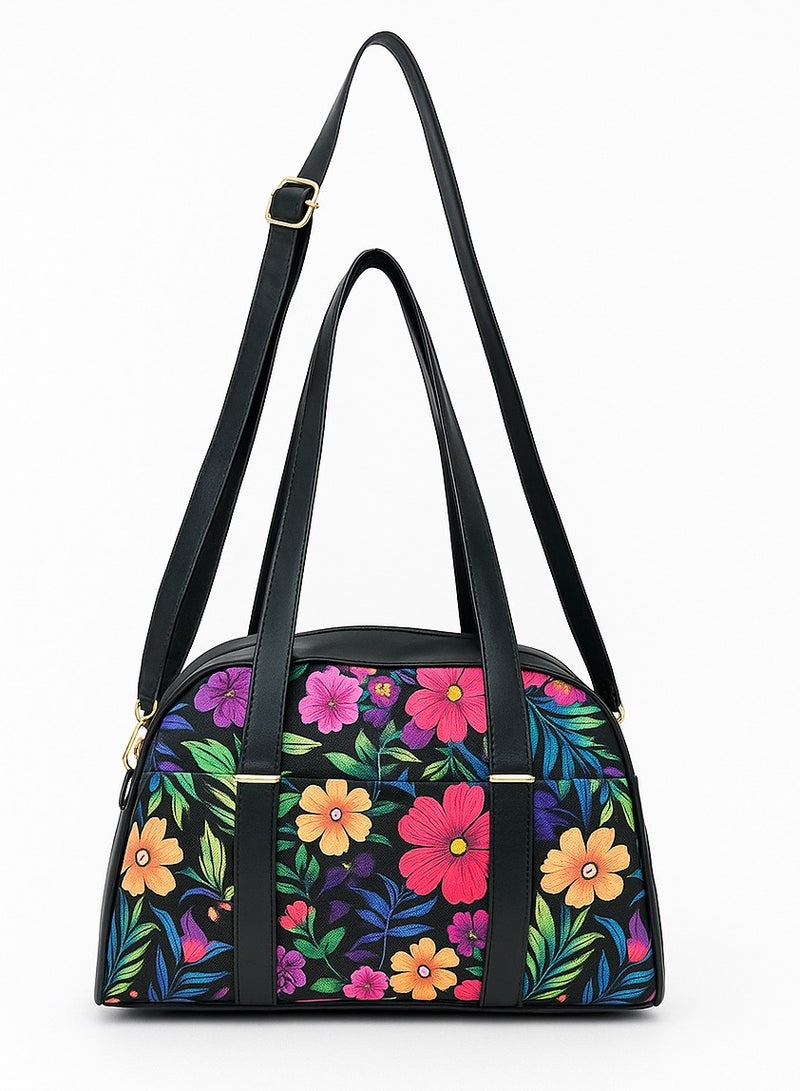 Black Hand and Crossbody Bag with Vibrant Floral Print and Elegant Spring Vibe” - Image 1