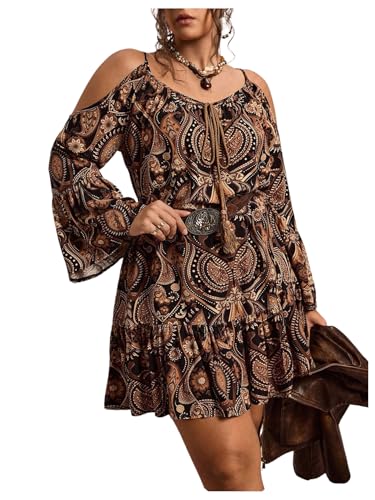 BEAUDRM Women's Plus Size Western Paisley Cold Shoulder Dress Boho Ruffle Bell Long Sleeve Vacation Summer Mini Dresses Khaki X-Large Plus - Image 1