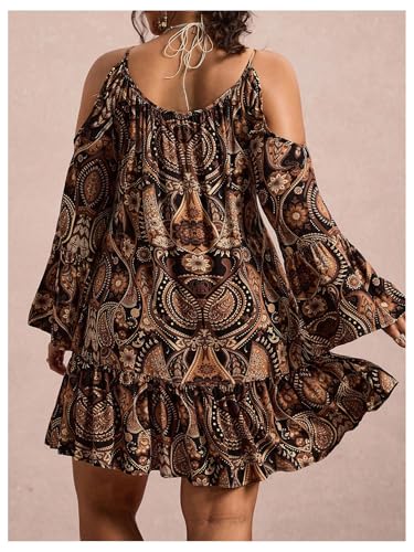 BEAUDRM Women's Plus Size Western Paisley Cold Shoulder Dress Boho Ruffle Bell Long Sleeve Vacation Summer Mini Dresses Khaki X-Large Plus - Image 2