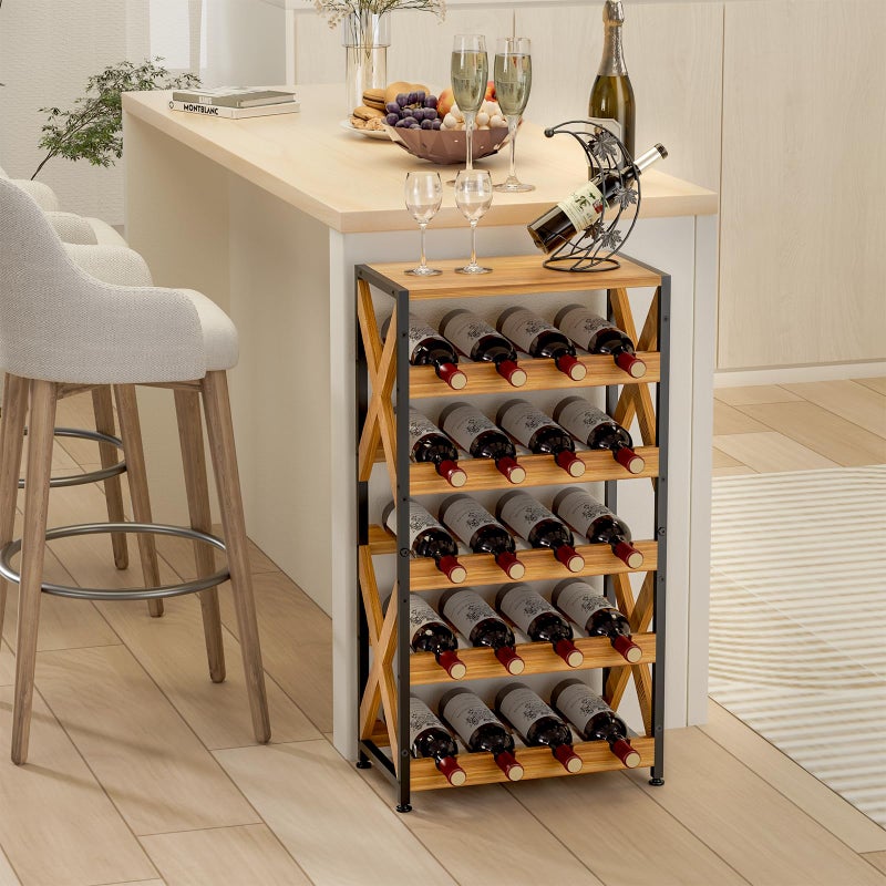 LUMAMU 20 Bottle Wine Rack Freestanding Floor with Wood Top,Wobble-Free 5 Tier Wine Display Storage Stand Shelf,Stackable Modular Wine Bottle Holder Rack for Kitchen,Cellar,Living Room - Image 1