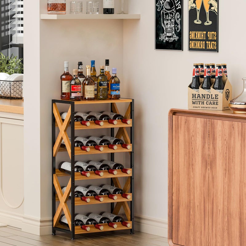 LUMAMU 20 Bottle Wine Rack Freestanding Floor with Wood Top,Wobble-Free 5 Tier Wine Display Storage Stand Shelf,Stackable Modular Wine Bottle Holder Rack for Kitchen,Cellar,Living Room - Image 2