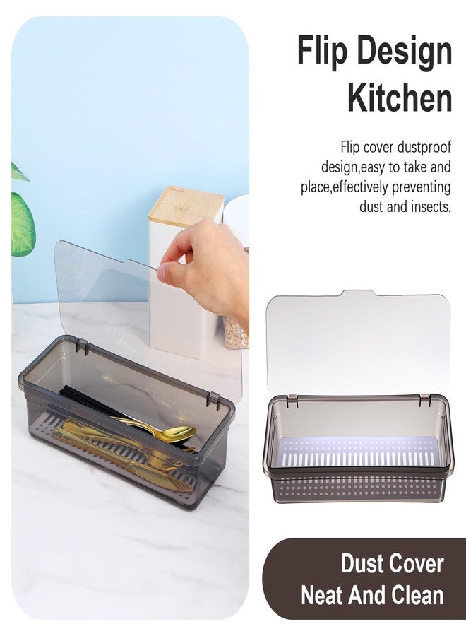 AojSup 4 PCS Flatware Tray with Lid and Drainer, Silverware Tray with Lid, Plastic Utensil Drawer Organizer, Clear Grey Cutlery Storage Container for Kitchen Home Travel - Image 3