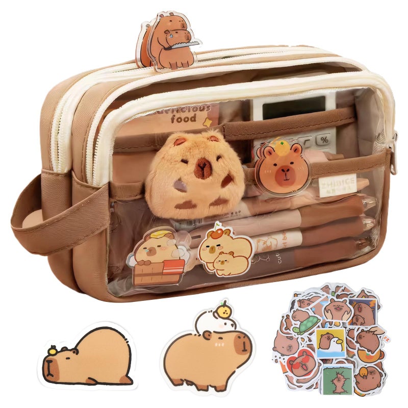 ROBOHOOK Cute Capybara Pencil CaseCapybara Stationery Comes with 10 Stickers2 BroochesDoll1 Suitable for Storing Stationery 9Layer LargeCapacity Storage Bag Brown