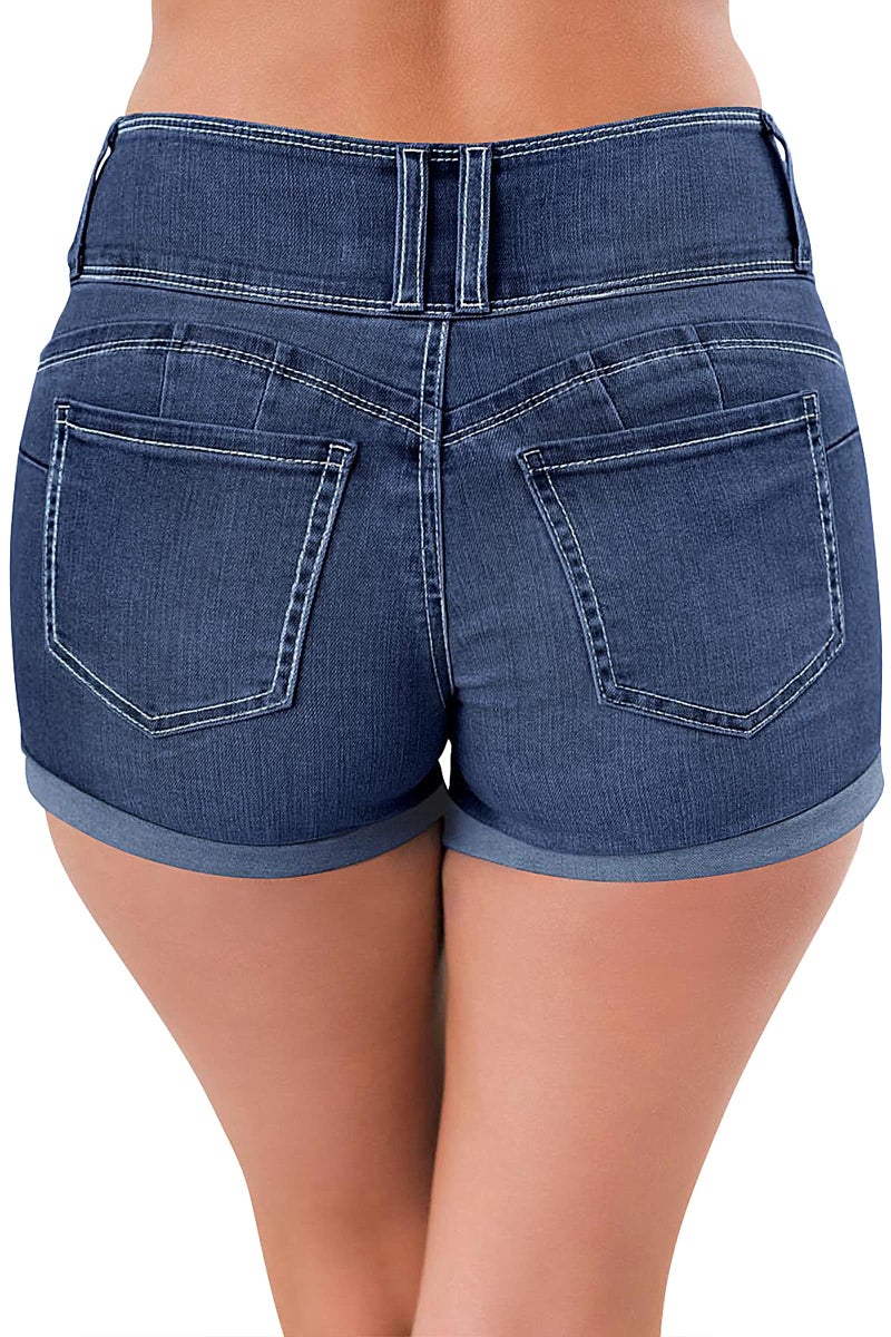 roswear Women's High Waisted Stretchy Denim Shorts Cuffed Jean Shorts Blue Medium - Image 2