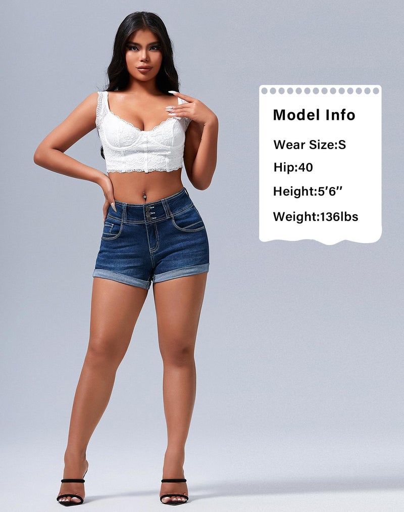 roswear Women's High Waisted Stretchy Denim Shorts Cuffed Jean Shorts Blue Medium - Image 4