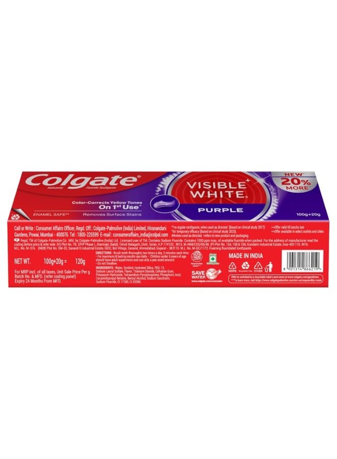 كولجيت معجون أسنان كولجيت فيزيبل وايت بيربل لتبييض الأسنان، يساعد على إزالة البقع السطحية، وتبييض الأسنان الصفراء، آمن على مينا الأسنان للاستخدام اليومي، 120 جرام - Image 3