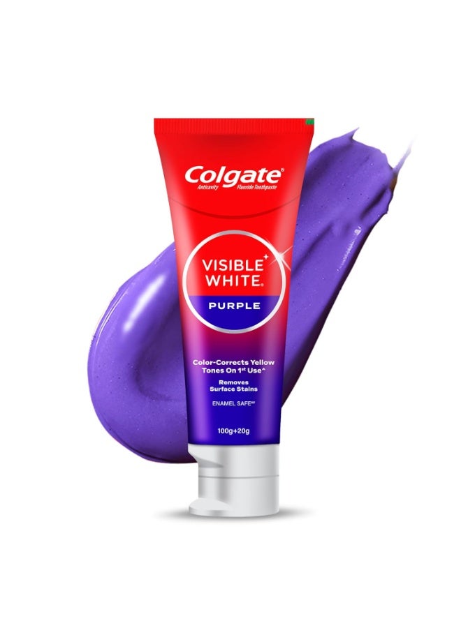 كولجيت معجون أسنان كولجيت فيزيبل وايت بيربل لتبييض الأسنان، يساعد على إزالة البقع السطحية، وتبييض الأسنان الصفراء، آمن على مينا الأسنان للاستخدام اليومي، 120 جرام - Image 1