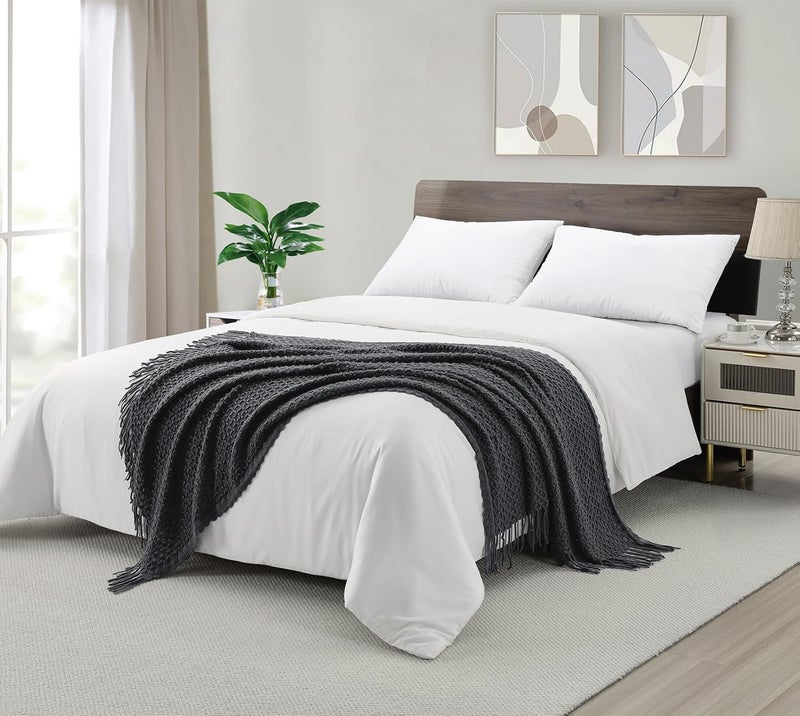 CREVENT Farmhouse Boho Knitted Throw Blanket for Couch Sofa Chair Bed Home Decoration, Soft Warm Cozy Light Weight for Spring Summer Fall (127x152cm Dark Grey) - Image 3